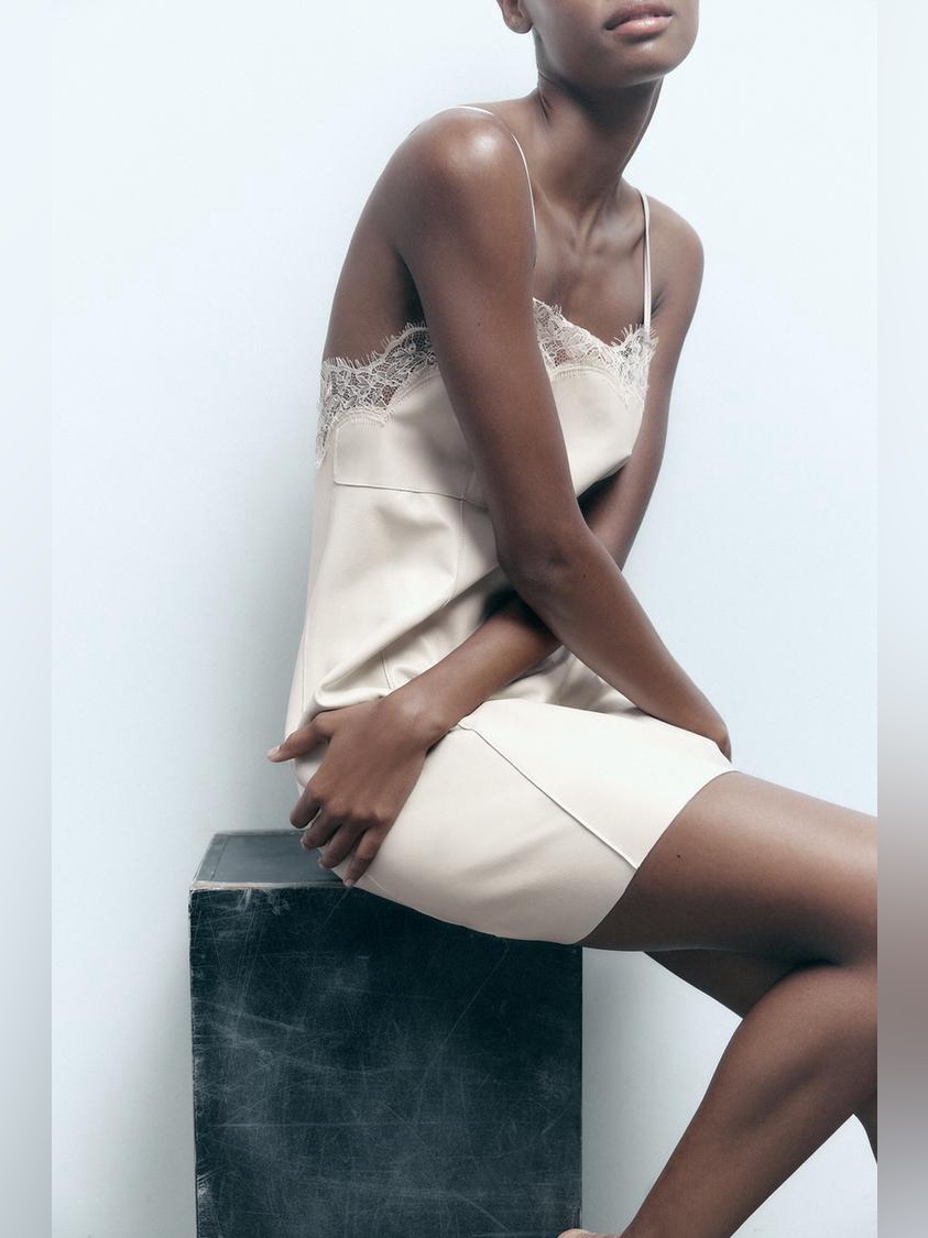 Zara Cream Faux Leather Lace-Trim Slip Dress